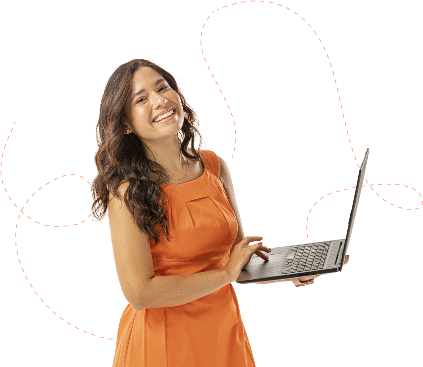 Mulher sorrindo e segurando um notebook