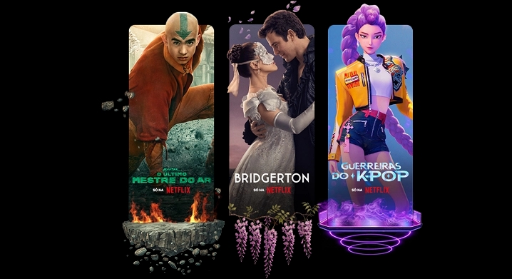 Composição de três cartazes publicitários da Netflix organizados horizontalmente. À esquerda, o pôster de "Ronaldinho Gaúcho" destaca o jogador com a data 16 de abril. Ao centro, o pôster de "One Piece A Série" mostra o elenco principal com a informação "Já disponível". À direita, o pôster de "Com Carinho, Kitty" exibe uma jovem de uniforme escolar, também com o texto "Já disponível". Todos os cartazes incluem o logotipo da plataforma.