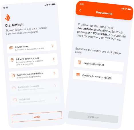 Telas do processo de Onboarding do Aplicativo Brisacliente fibra, mostrando os passos para concluir o cadastro do plano e o envio de documentos.
