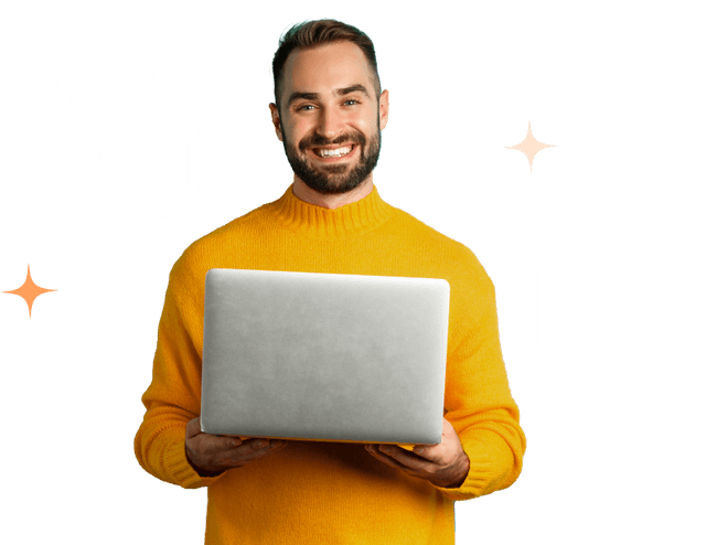 Homem sorrindo com um notebook nas mãos, acompanhado de ilustrações de um cadeado e escudo ao lado, simbolizando o compromisso com a privacidade e segurança.