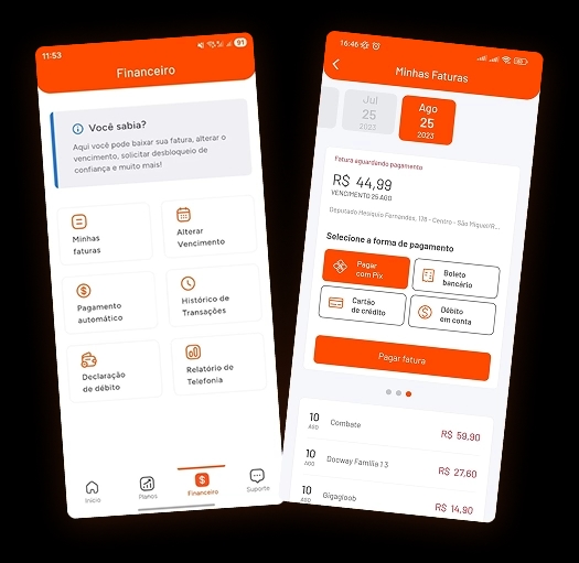 Tela do processo de pagamento de faturas no Aplicativo Brisacliente fibra, mostrando a tela de seleção de faturas para pagamento.