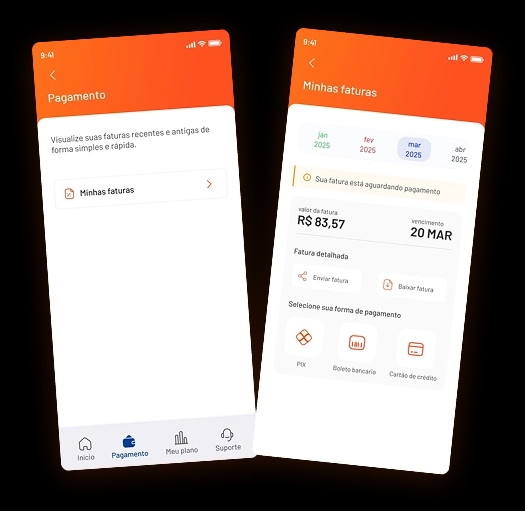 Duas imagens do aplicativo Brisacliente móvel. Uma representa a tela de orientação dos primeiros passos para a contratação do plano, como capturar foto do rosto, documentos e assinatura dos contratos e a outra é uma imagem da tela de enviar documentos, permitindo a seleção entre enviar RG ou CNH.