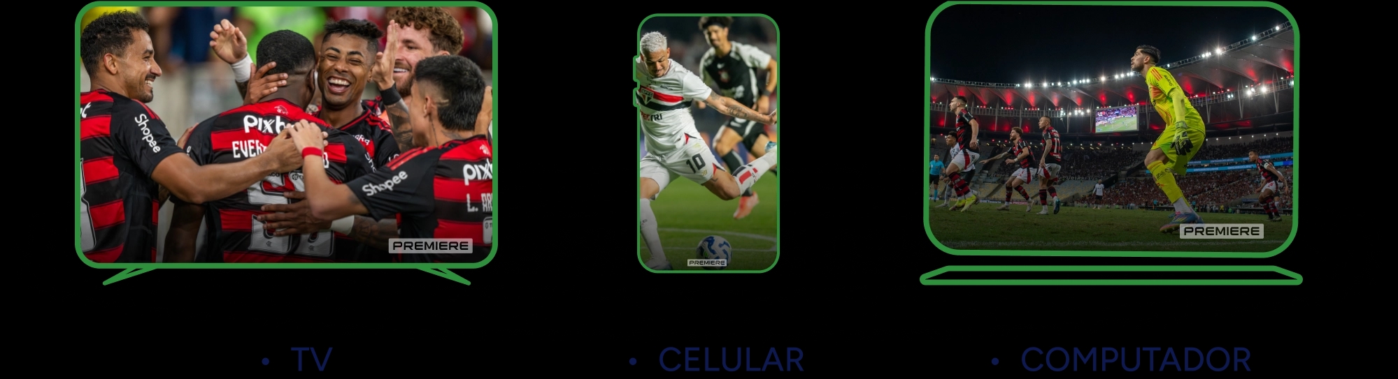 Um grupo de jogadores do Flamengo se reúne em comemoração dentro do campo, cada um vestindo seu uniforme preto e vermelho. Em outro momento da partida, um jogador do São Paulo chuta a bola com o pé esquerdo, enquanto um jogador rival surge atrás dele. No gol, um goleiro em posição de salto em direção à bola, dentro de um estádio cheio, com alguns jogadores do Flamengo aparecendo na imagem.