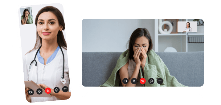 Desenho ilustrativo de um celular exibindo uma vídeo chamada de uma médica atendendo uma paciente mulher preta ao lado ded um desenho ilustrativo de um computador exibindo uma vídeo chamada de uma mulher preta sendo atendida por uma médica 