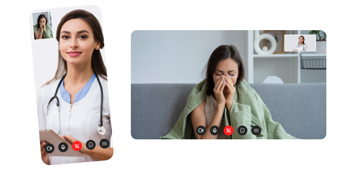 Desenho ilustrativo de um celular exibindo uma vídeo chamada de uma médica atendendo uma paciente mulher preta ao lado ded um desenho ilustrativo de um computador exibindo uma vídeo chamada de uma mulher preta sendo atendida por uma médica 