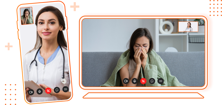 Desenho ilustrativo de um celular exibindo uma vídeo chamada de uma médica atendendo uma paciente mulher preta ao lado ded um desenho ilustrativo de um computador exibindo uma vídeo chamada de uma mulher preta sendo atendida por uma médica 