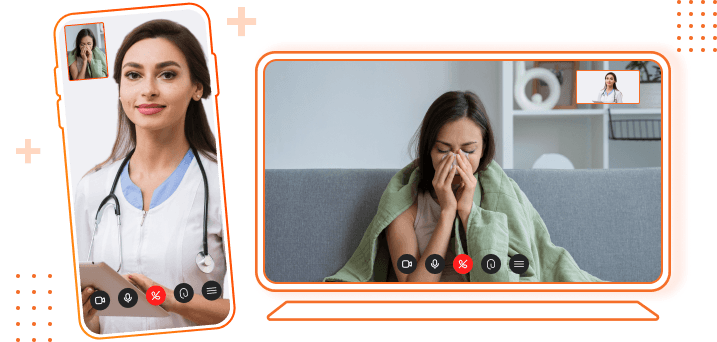 Desenho ilustrativo de um celular exibindo uma vídeo chamada de uma médica atendendo uma paciente mulher preta ao lado ded um desenho ilustrativo de um computador exibindo uma vídeo chamada de uma mulher preta sendo atendida por uma médica 