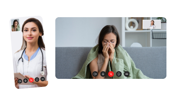 Desenho ilustrativo de um celular exibindo uma vídeo chamada de uma médica atendendo uma paciente mulher preta ao lado ded um desenho ilustrativo de um computador exibindo uma vídeo chamada de uma mulher preta sendo atendida por uma médica 