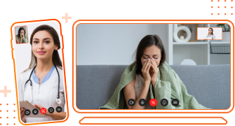 Desenho ilustrativo de um celular exibindo uma vídeo chamada de uma médica atendendo uma paciente mulher preta ao lado ded um desenho ilustrativo de um computador exibindo uma vídeo chamada de uma mulher preta sendo atendida por uma médica 