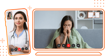Desenho ilustrativo de um celular exibindo uma vídeo chamada de uma médica atendendo uma paciente mulher preta ao lado ded um desenho ilustrativo de um computador exibindo uma vídeo chamada de uma mulher preta sendo atendida por uma médica 