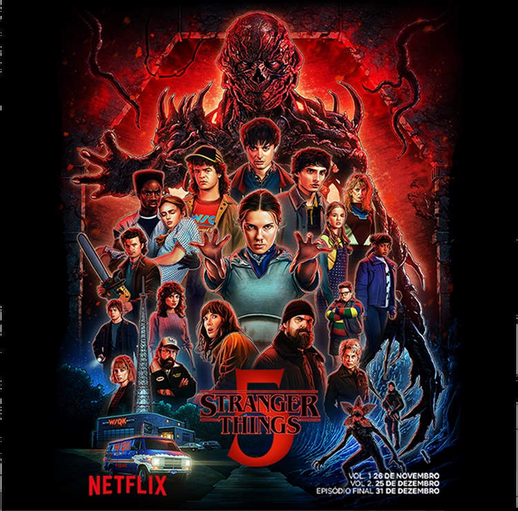 O pôster promocional de Stranger Things 5 apresenta o elenco principal, incluindo Eleven em destaque, agrupados sob a ameaça do vilão Vecna e de vinhas do Mundo Invertido, com as datas de lançanmento em duas partes listadas na parte inferior, indicando um final de ano dramático.