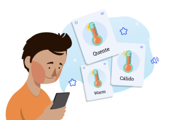 ilustração de um homem que esta concentrado no celular, enquanto tem três imagens com representações de temperatura que exibem os termos "quente", "cálido" e "warn", simbolizando a diversidade de idiomas que tem na TapLingo .