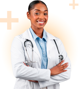 Médica de cor de pele preta vestindo um jaleco e um estetoscópio nos ombros