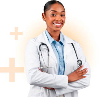 Médica de cor de pele preta vestindo um jaleco e um estetoscópio nos ombros