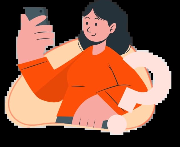 Ilustração de uma boneca segurando um celular e um sinal de interrogação ao lado dela.