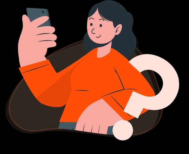 Ilustração de uma boneca segurando um celular e um sinal de interrogação ao lado dela.