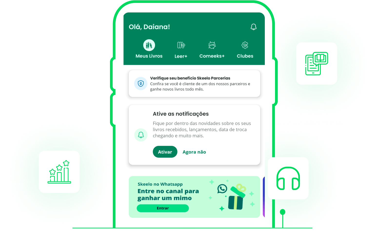 ilustração de um celular que exibe uma imagem do aplicativo Skeelo.