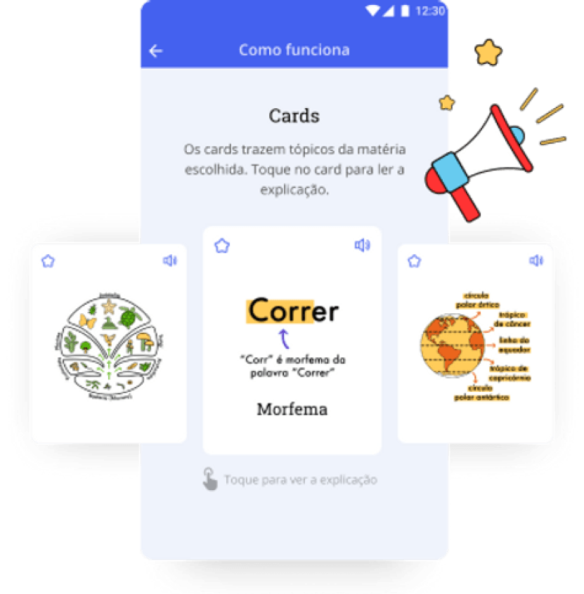 aplicativo reforça, mostrando seus cards com conteúdos para estudos