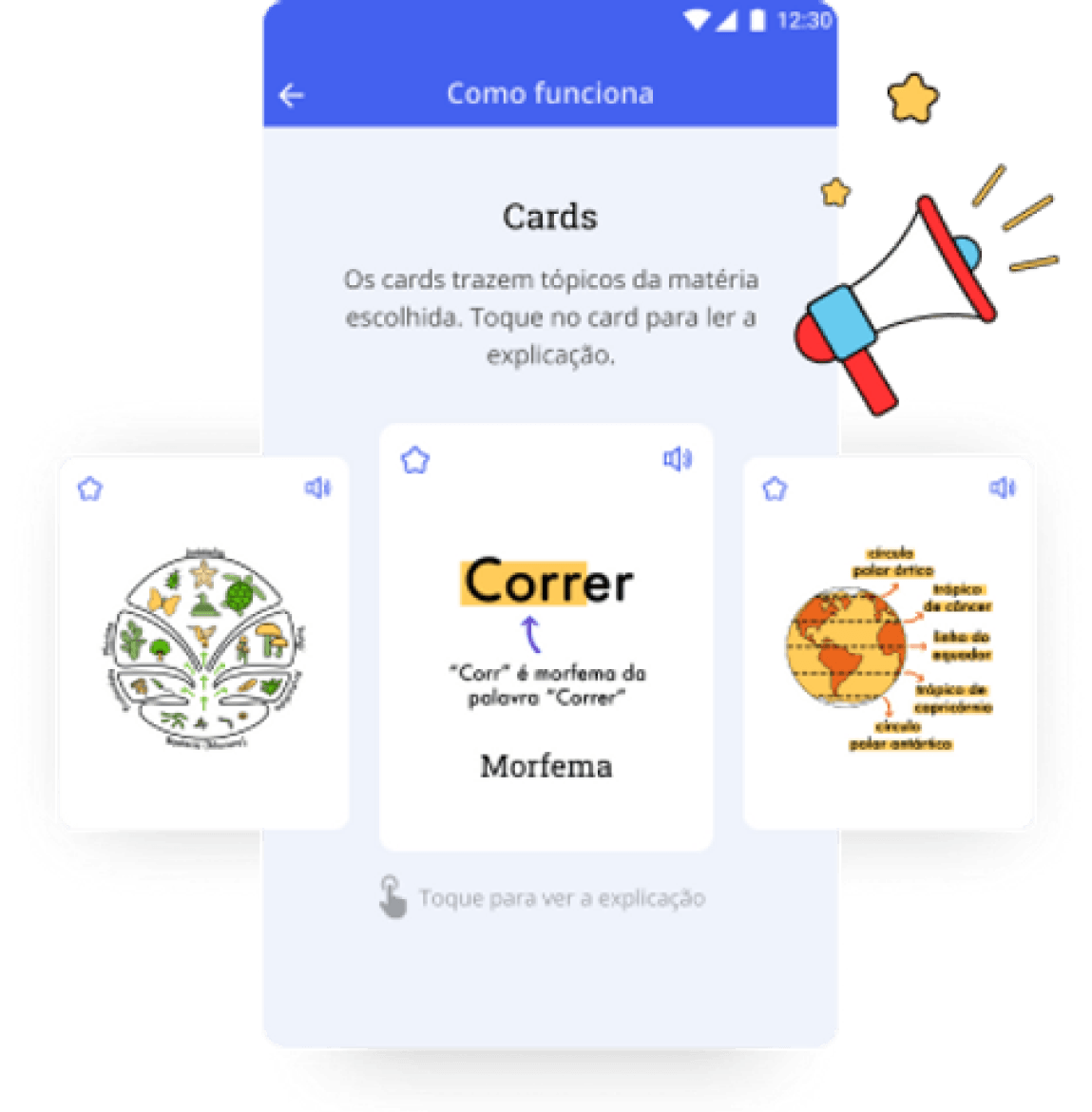 aplicativo reforça, mostrando seus cards com conteúdos para estudos