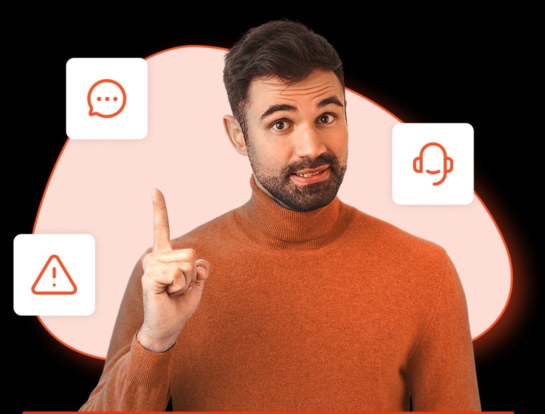 Um homem com barba, vestindo uma blusa laranja, aponta o dedo indicador para cima. Ícones de um balão de fala, um fone de ouvido e um triângulo de aviso aparecem ao redor dele.